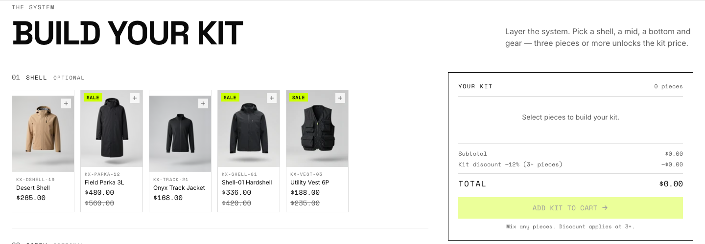 Build your kit section with slot grid and a live kit total sidebar