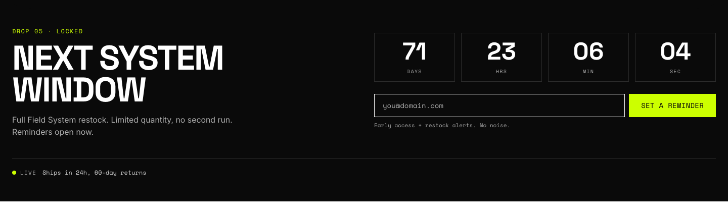 Drop system section with a live countdown and a restock notification form