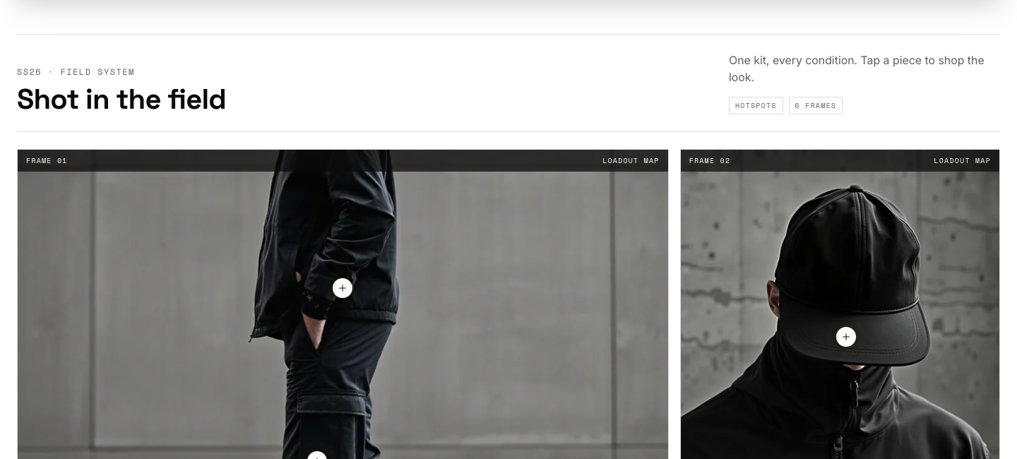 Lookbook section with shoppable hotspot markers over an editorial photo grid
