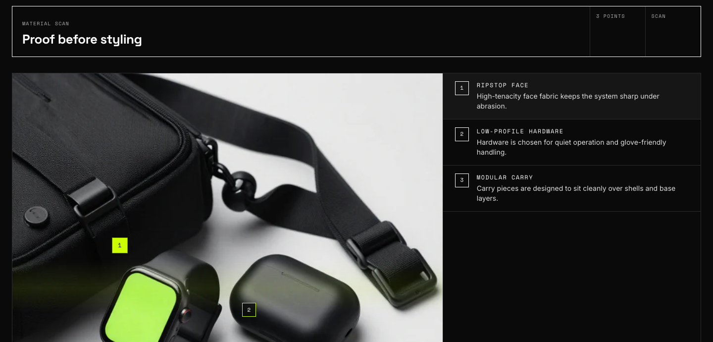 Material scan section with numbered annotation points over a macro product photo