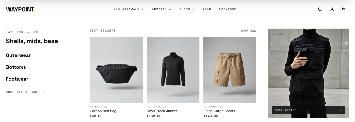 Mega menu panel open under a header nav item, showing a featured collection and products